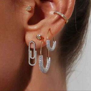 NEW! 18K Yellow Gold Plated & Sterling Silver Cubic Zirconia Paperclip Earrings